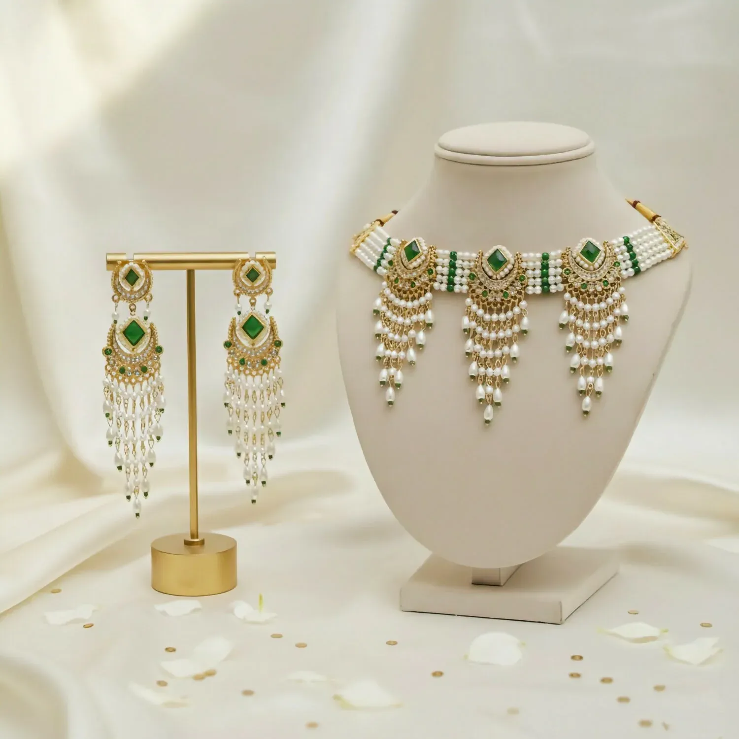 Premium Elegant Emerald & Pearl Choker Necklace Set with Chandbali Jhumka Earrings - Buy Online at Alikart