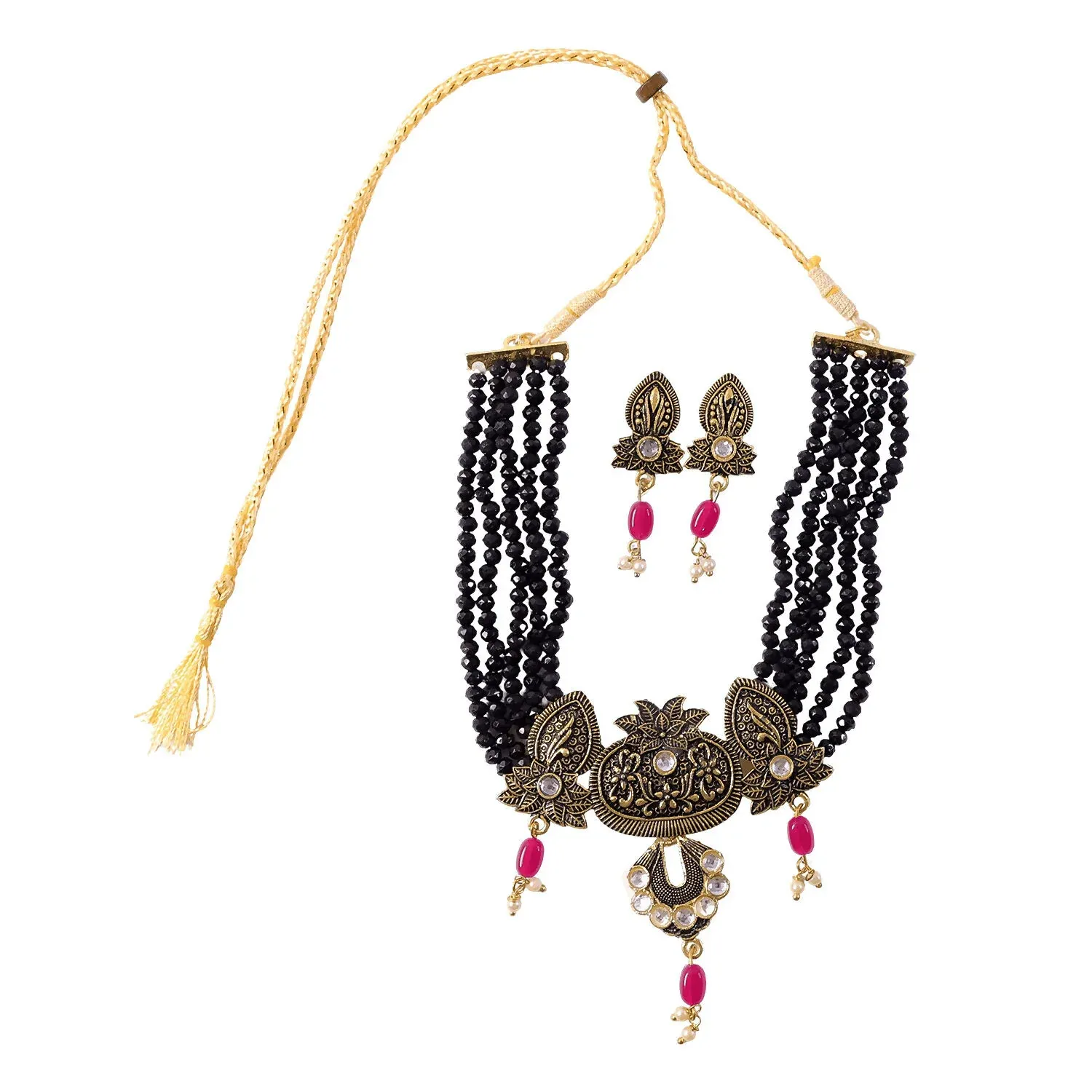 Black Beaded Ethnic Necklace Set with Adjustable Thread and Earrings - Detailed Feature View 4