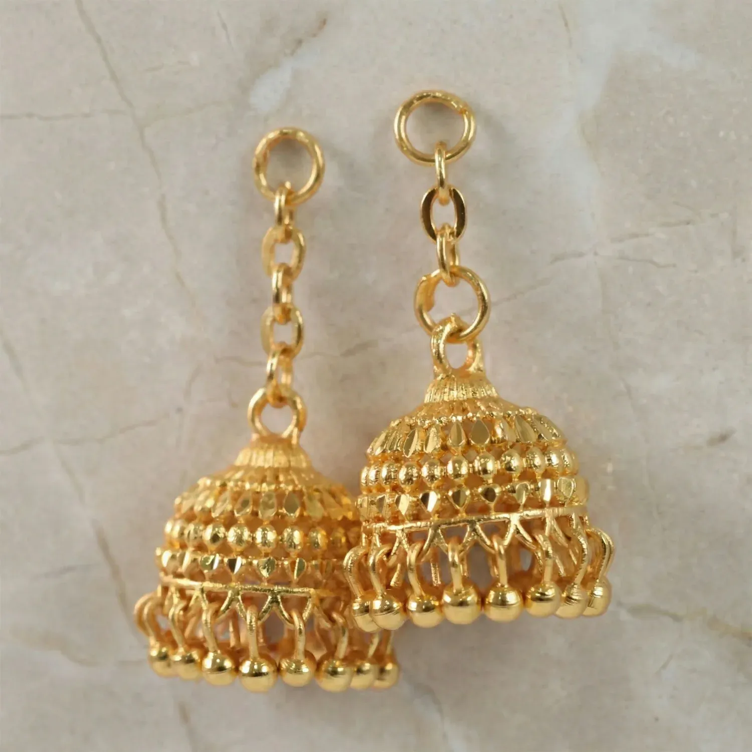 Classic Gold-Plated Jhumka with Layered Dome and Bead Detailing - Detailed Feature View 2