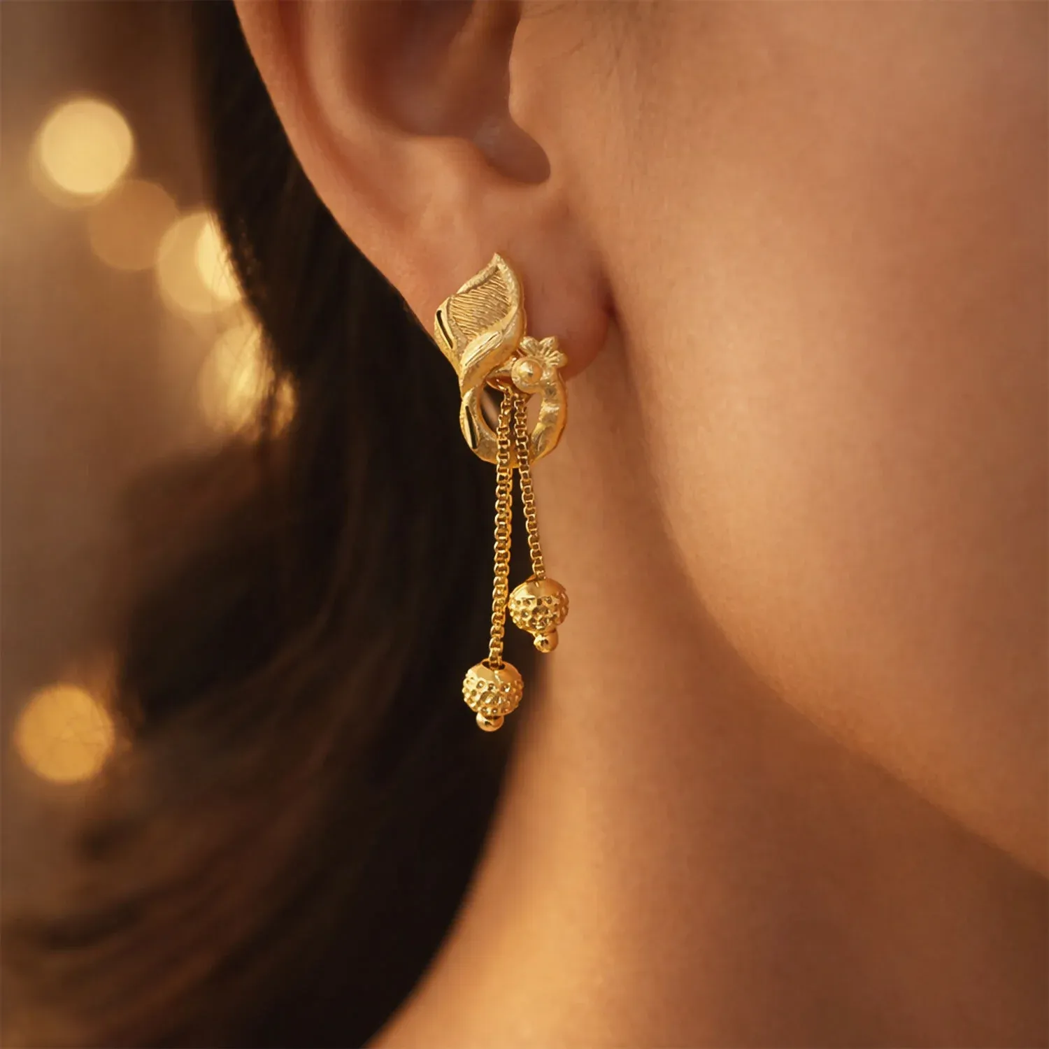 Elegant Gold-Toned Ethnic Earrings Set with Floral Peacock Design & Beads (2 Pair) - Detailed Feature View 3