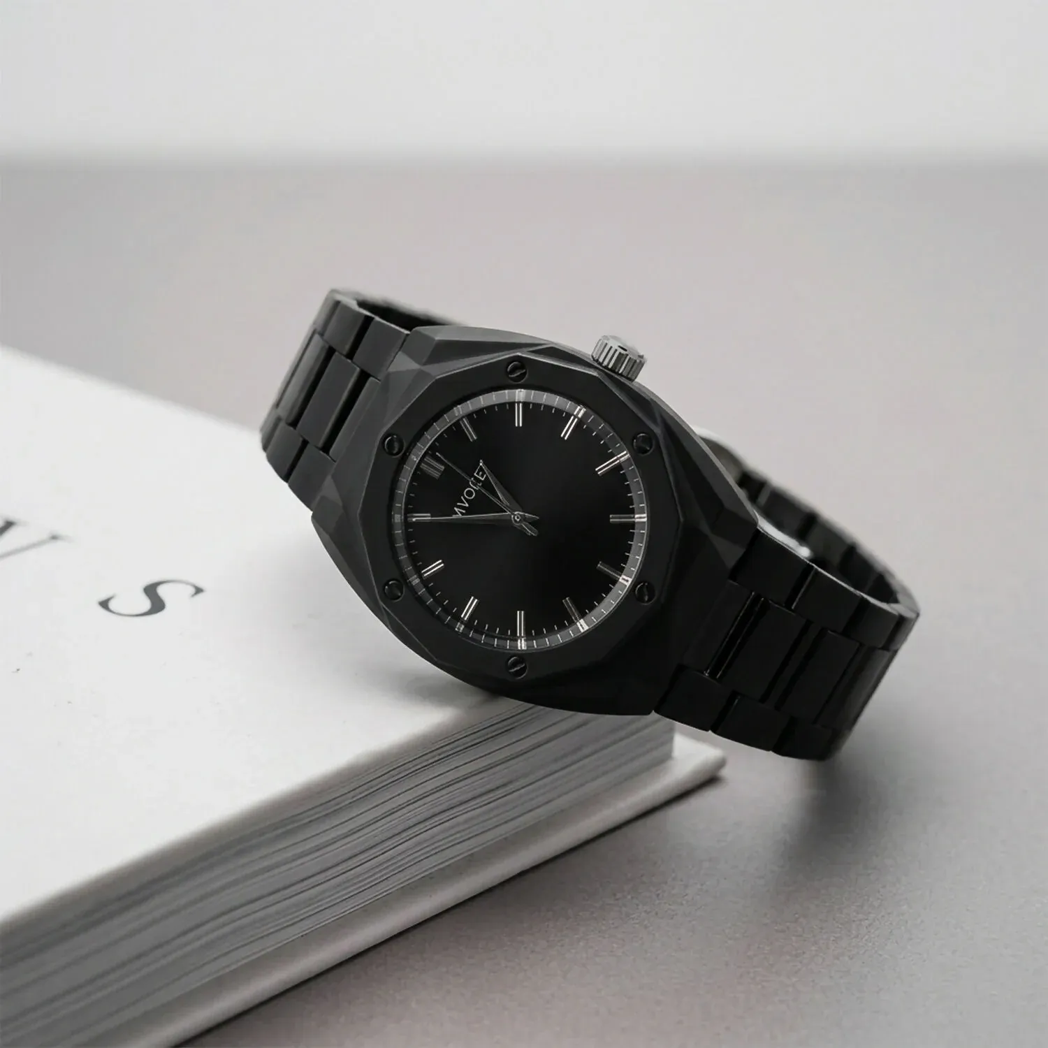 Luxury Matte Black Analog Watch with Geometric Dial Design & Metal Strap - Detailed Feature View 3