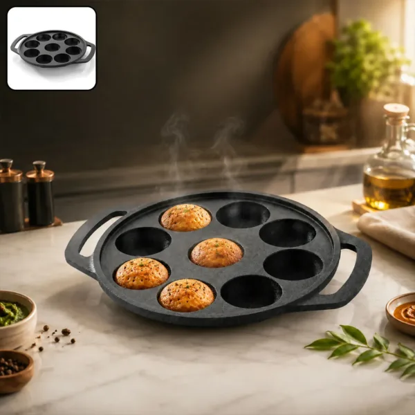 Heavy Duty Cast Iron 9-Cavity Appam Patra with Dual Handles