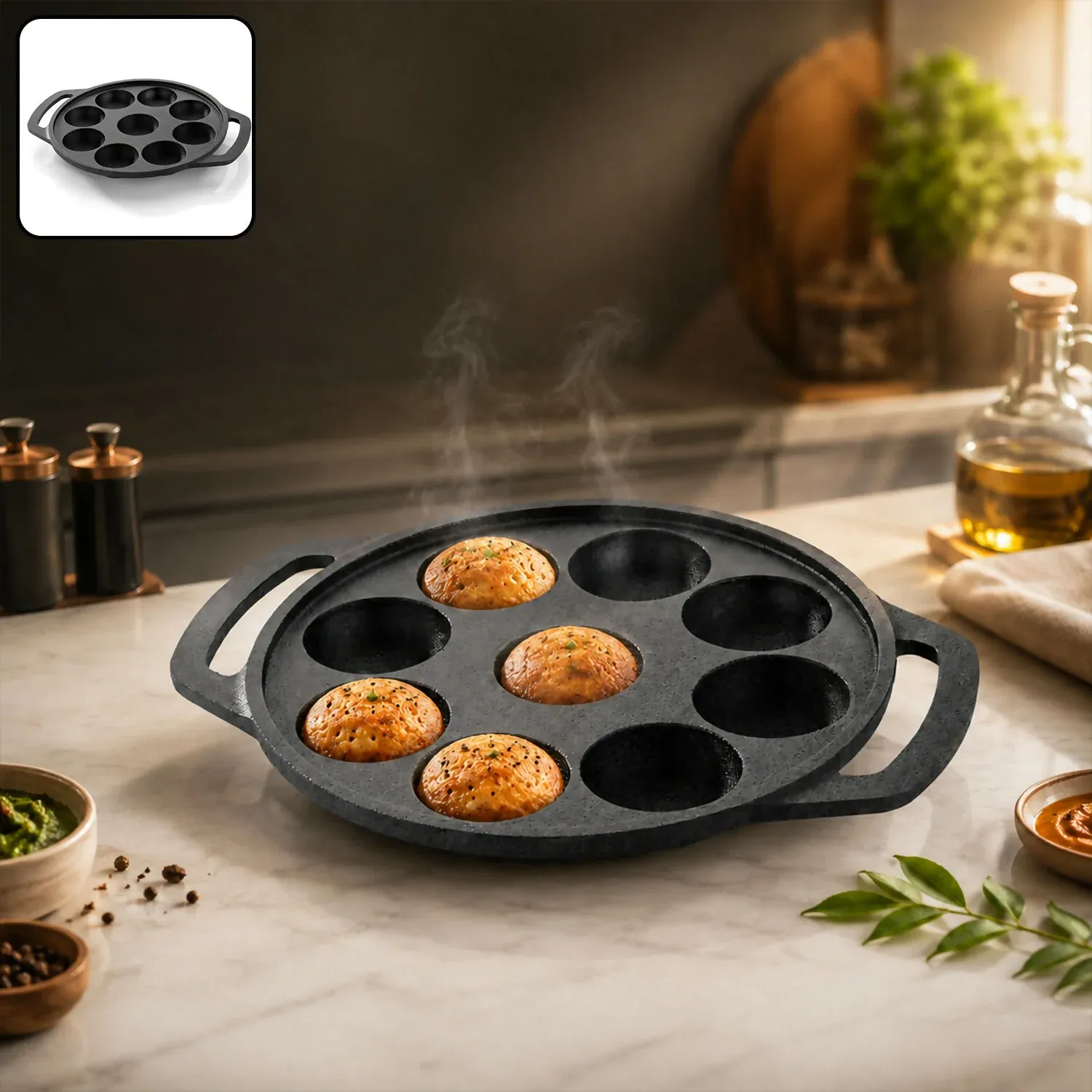 Premium Heavy Duty Cast Iron 9-Cavity Appam Patra with Dual Handles - Buy Online at Alikart