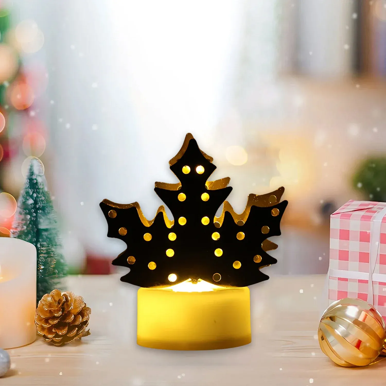 Christmas Decorative LED Gold Metal Leaf Diya Lamp, Diwali (1 Pc) - Detailed Feature View 3