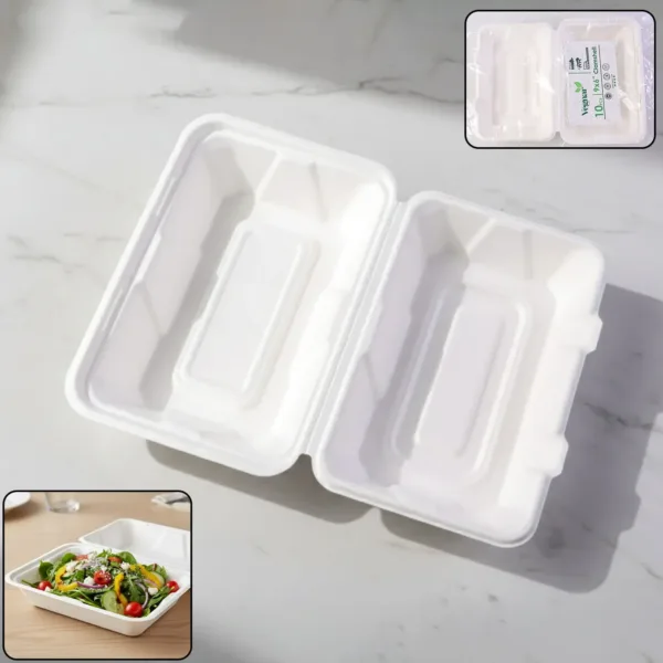 Bagasse Clamshell Food Box – Eco-Friendly 9×6 Inch Disposable Set