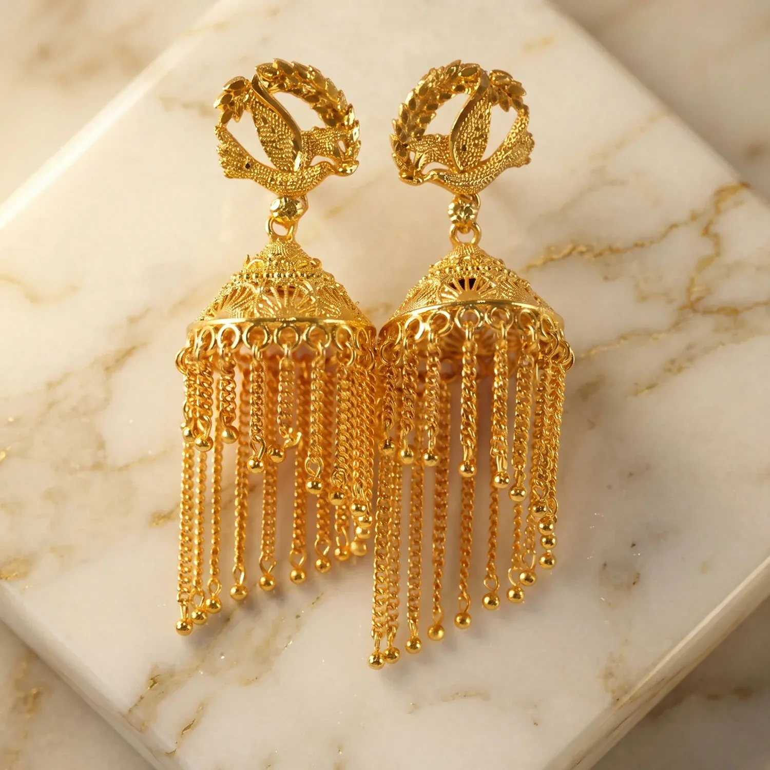 Golden Leaf Design Long Chain Tassel Jhumka Earrings for Women - Detailed Feature View 4