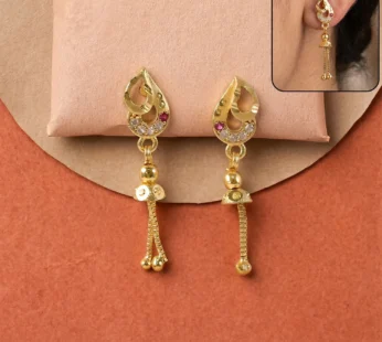 Traditional Gold Polish Long Dangler Earrings with American Diamonds & Ruby