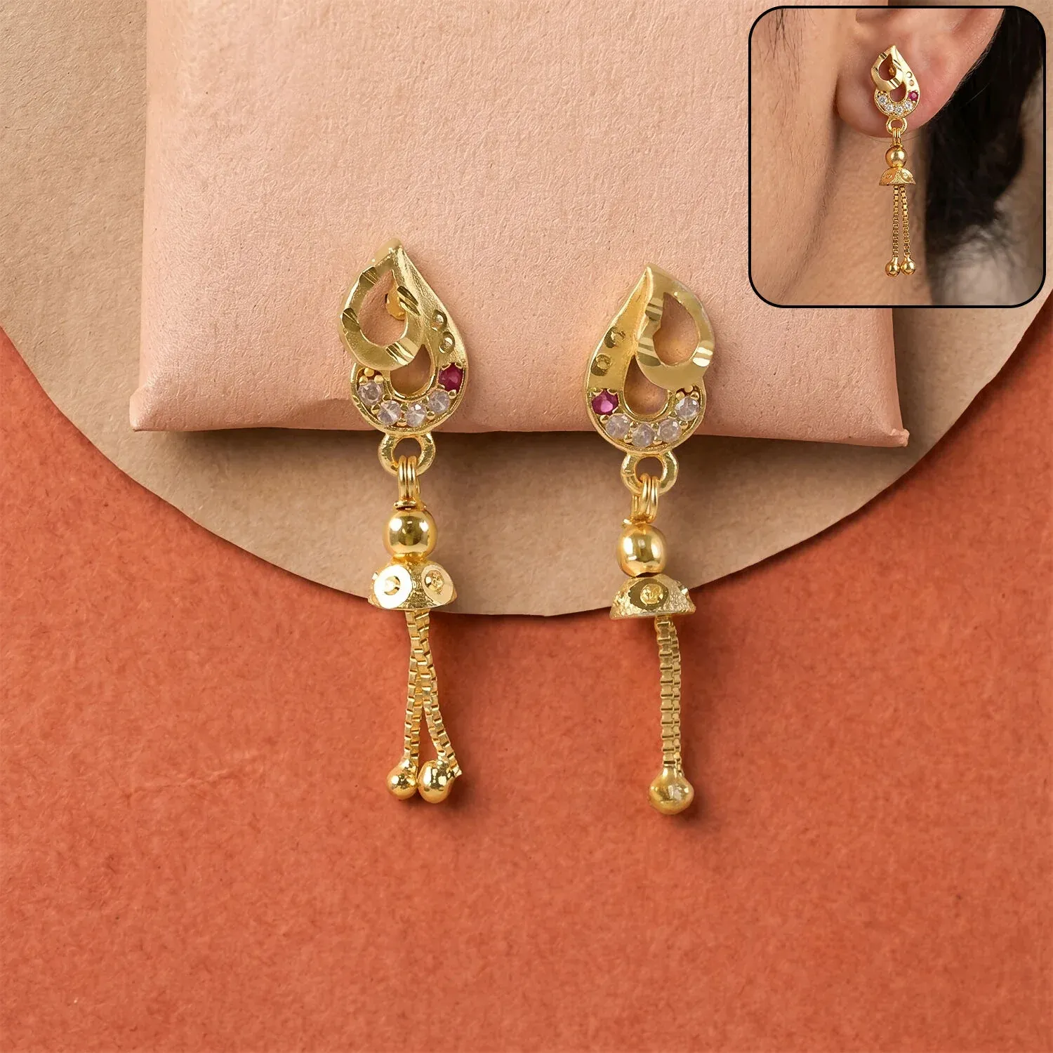 Premium Traditional Gold Polish Long Dangler Earrings with American Diamonds & Ruby - Buy Online at Alikart