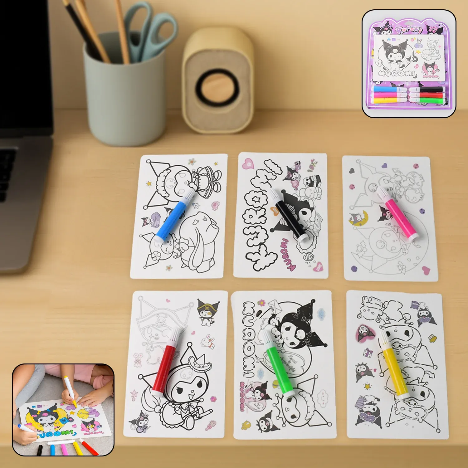 Premium Kuromi-Themed Kids Coloring Book Set – 6 Sheets & 6 Markers - Buy Online at Alikart