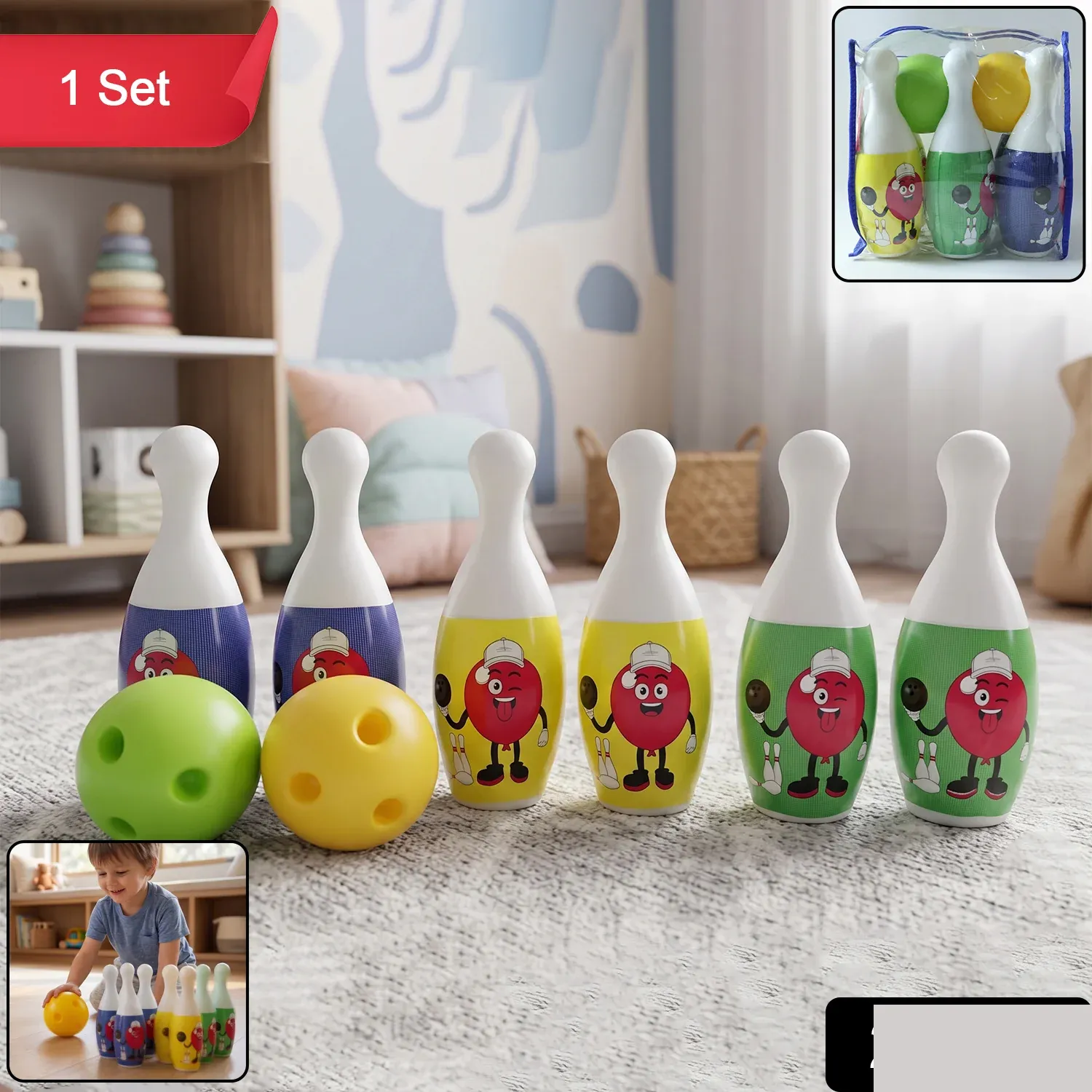 Kids Bowling Set with 6 Colorful Pins and 2 Balls (1 Set) - Detailed Feature View 1