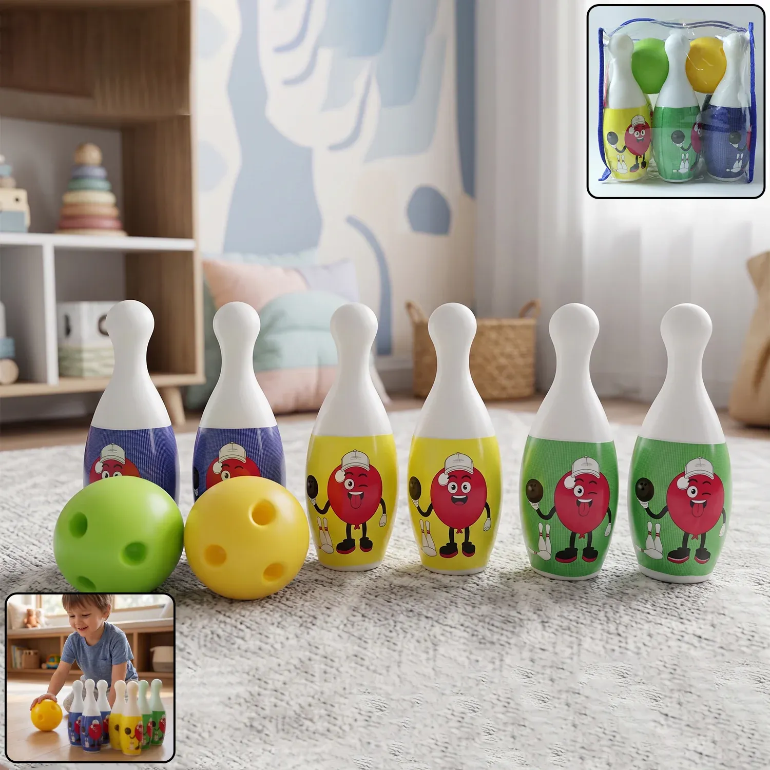 Premium Kids Bowling Set with 6 Colorful Pins and 2 Balls (1 Set) - Buy Online at Alikart