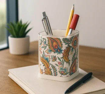 Khyati Crystal Square Pen Stand – Transparent Floral Desk Organizer