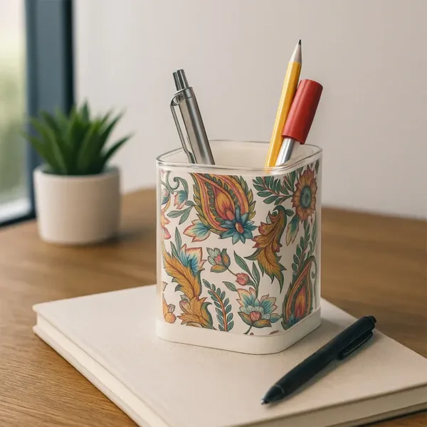 Khyati Crystal Square Pen Stand – Transparent Floral Desk Organizer