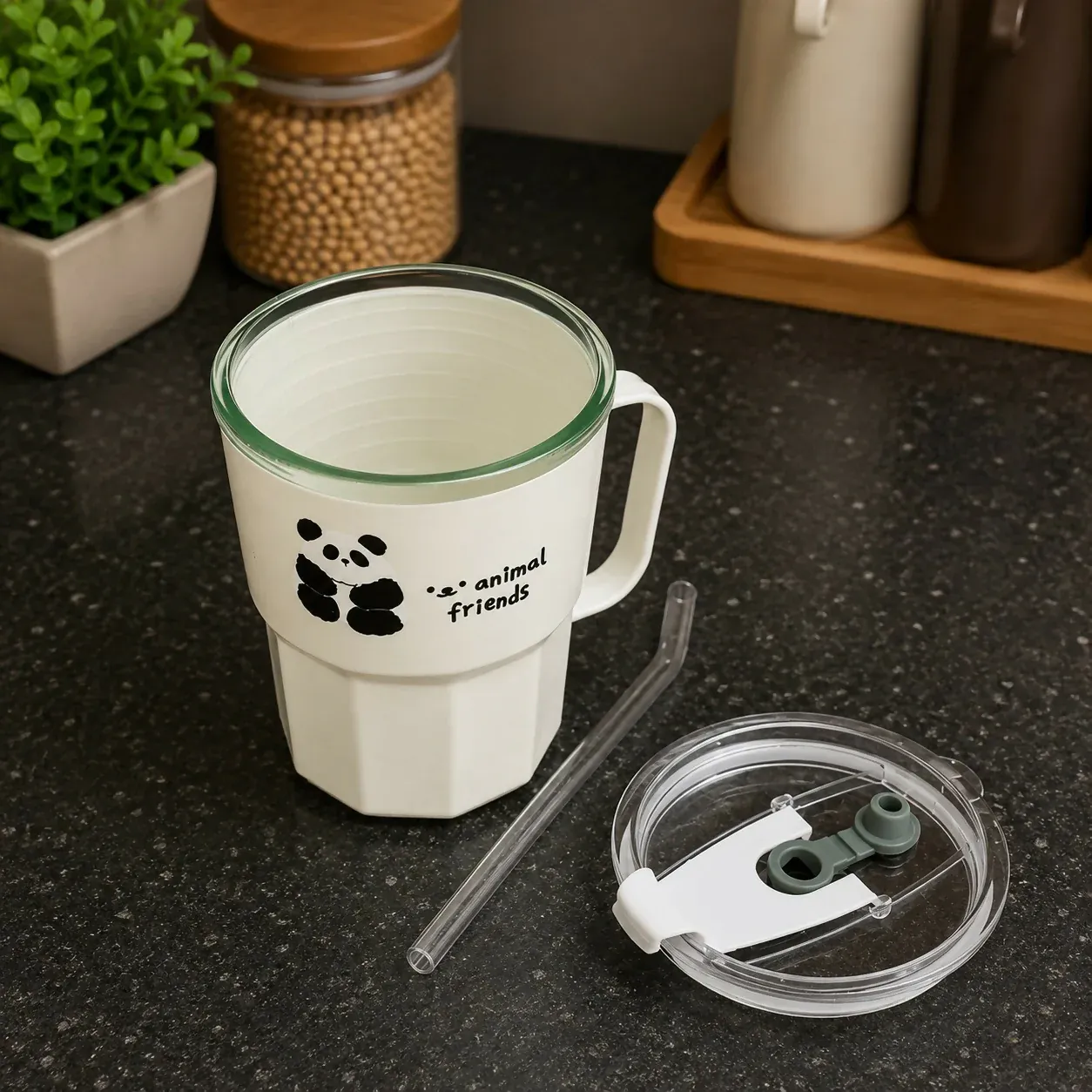 Animal Friends Glass Tumbler – Cute Animal Print with Straw - Detailed Feature View 2