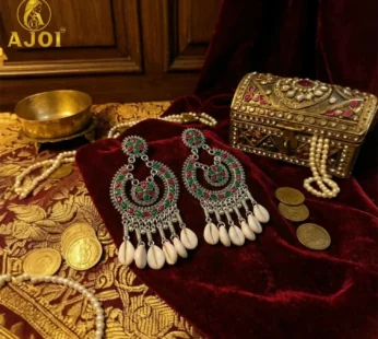 Antique Silver Chandbali Earrings with Floral Meenakari & Cowrie Shells