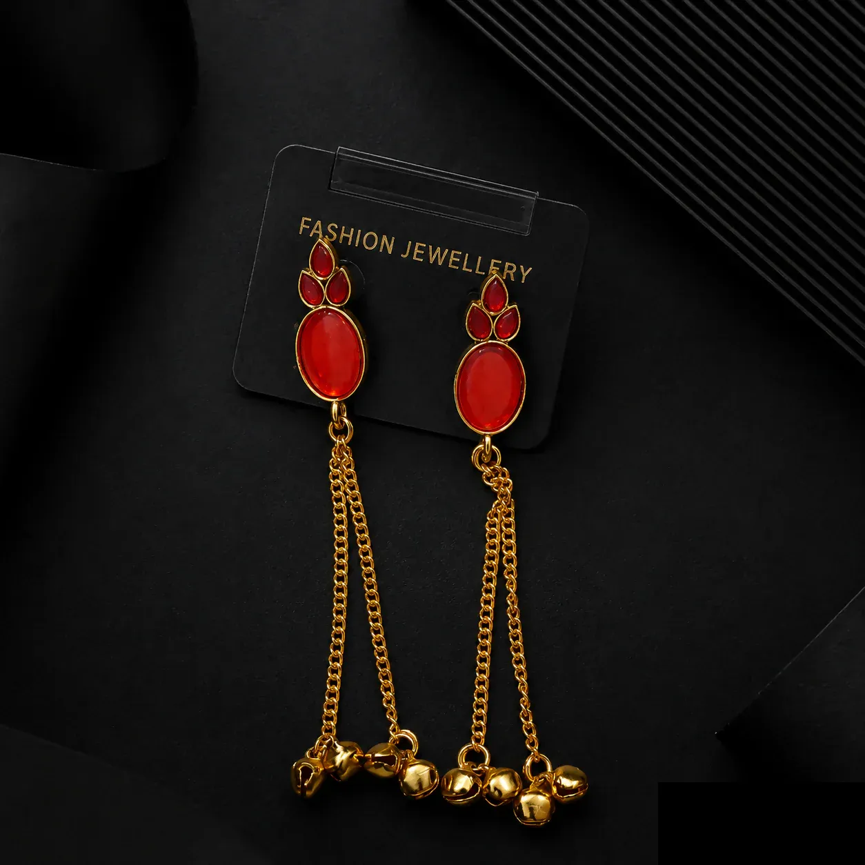 Red Stone Gold Tone Long Chain Tassel Dangler Earrings for Women with Ghungroo Beads - Detailed Feature View 3
