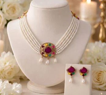 Traditional Purple Stone Pearl Choker Necklace Set with Earrings for Women
