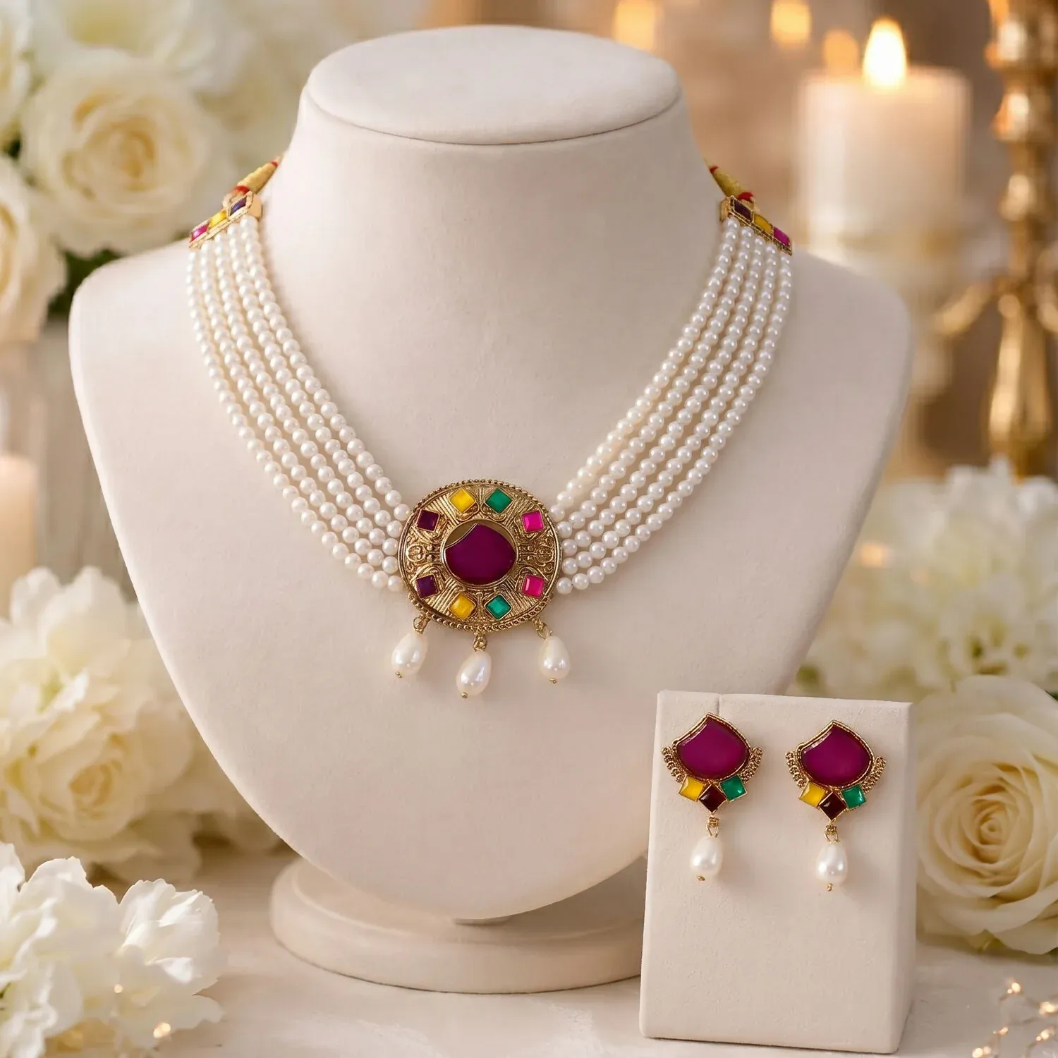 Premium Traditional Purple Stone Pearl Choker Necklace Set with Earrings for Women - Buy Online at Alikart