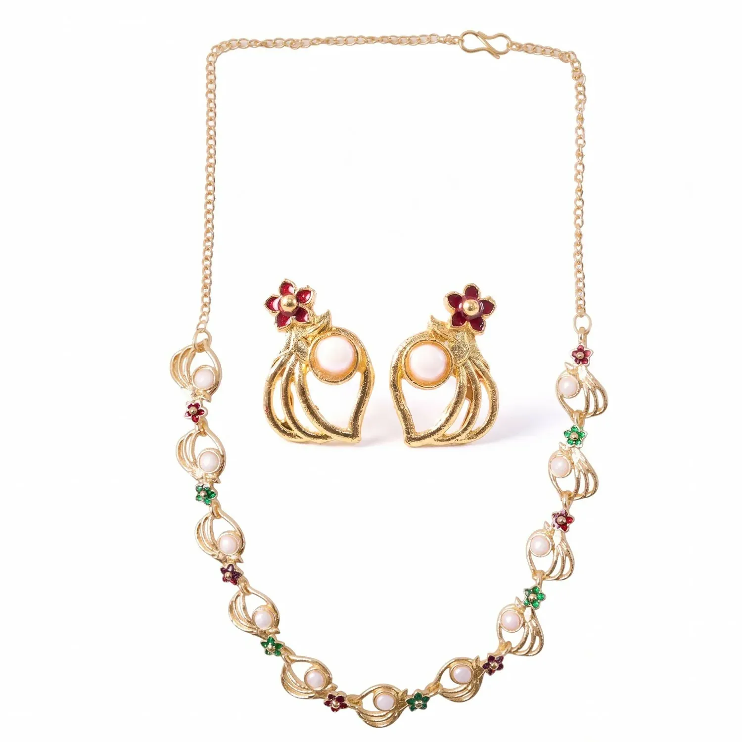 Gold-Plated Pearl Floral Necklace and Earrings Jewellery Set - Detailed Feature View 3