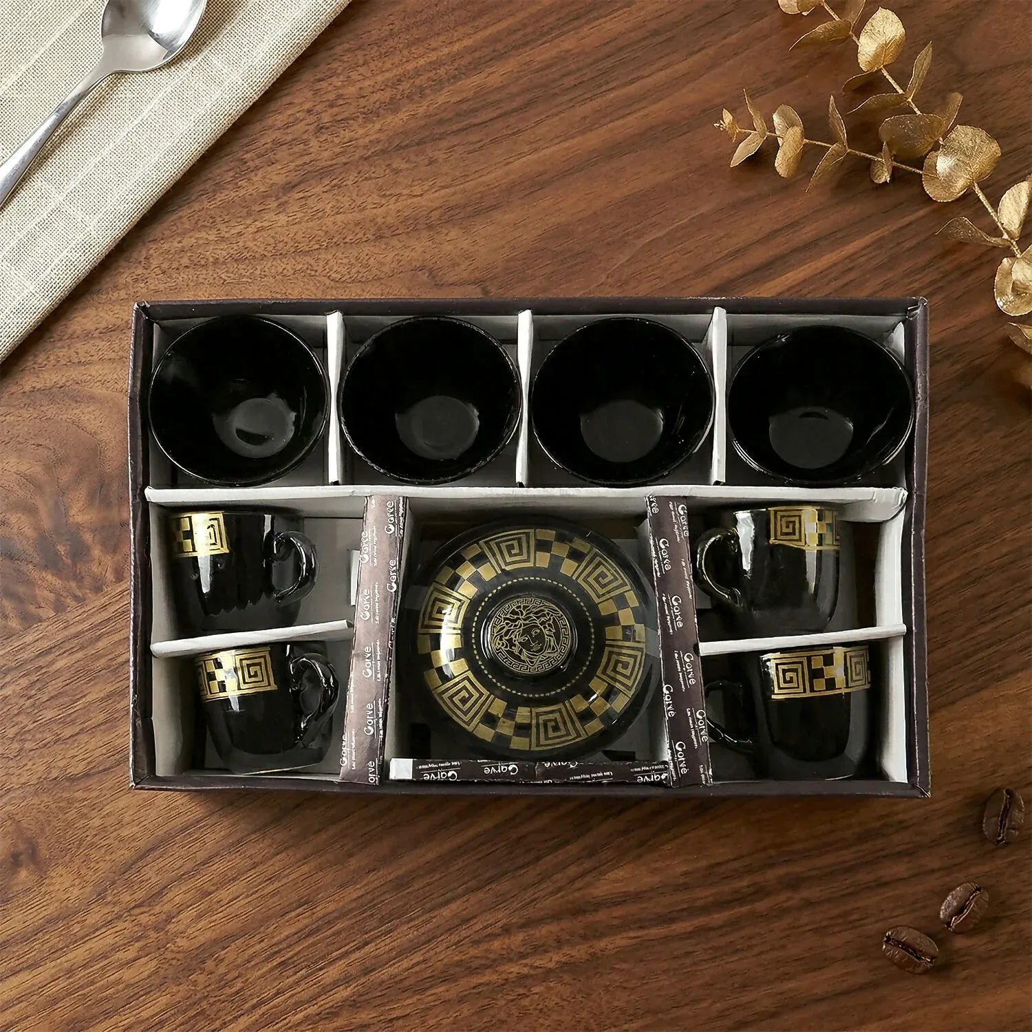 Hot Espresso Cup Set Black Gold Coffee Mug Bowl Set with Serving Pot (9 Pc) - Detailed Feature View 3
