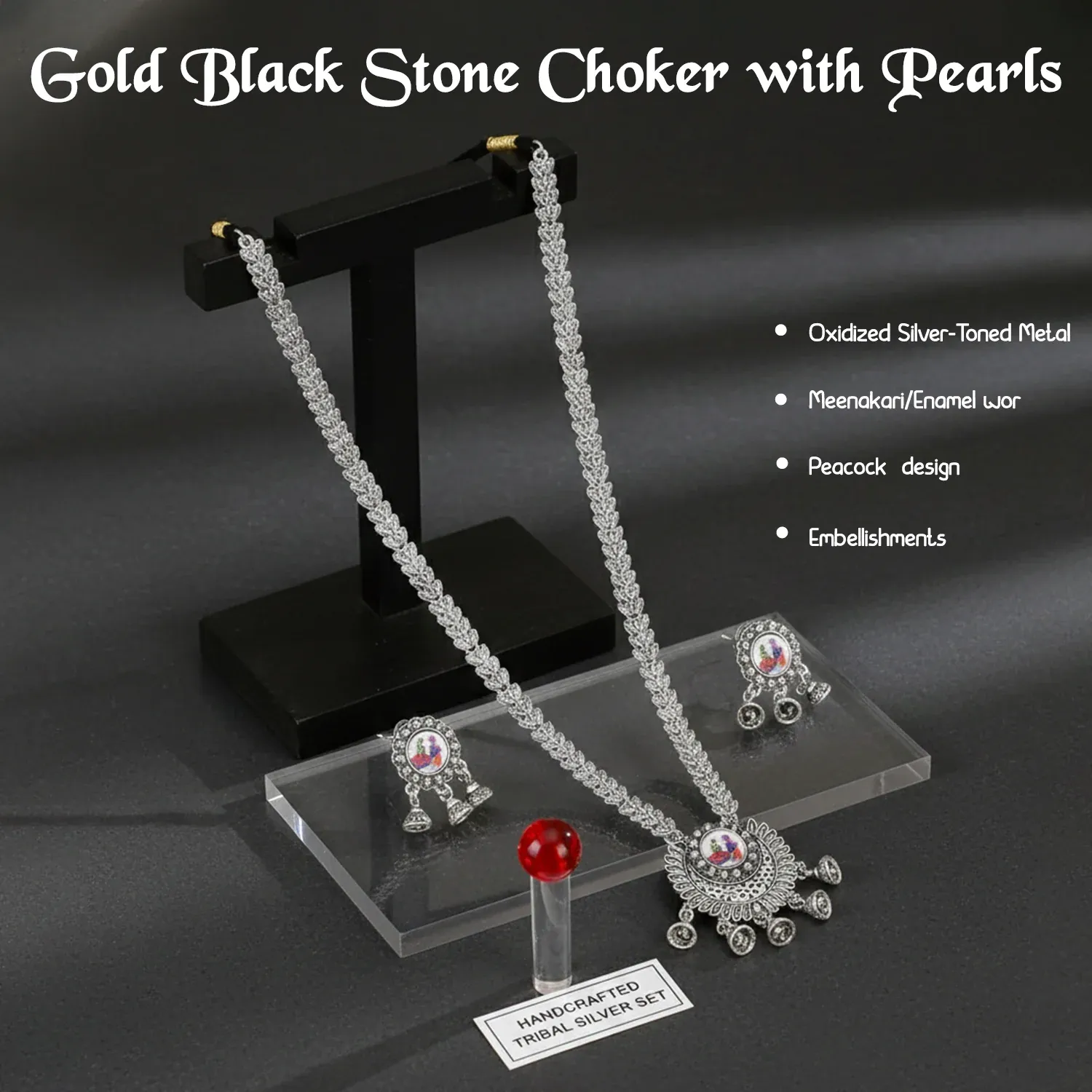 Bold Gold-Tone Black Stone Choker with Pearl Drops - Detailed Feature View 3