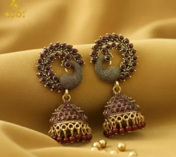 Royal Maroon Peacock Jhumka Earrings – Antique Gold Finish