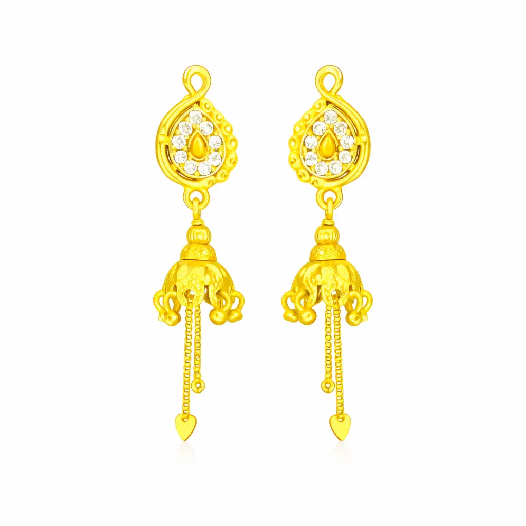 Elegant Paisley Stud Jhumka Earrings with Chain Drops - Detailed Feature View 2