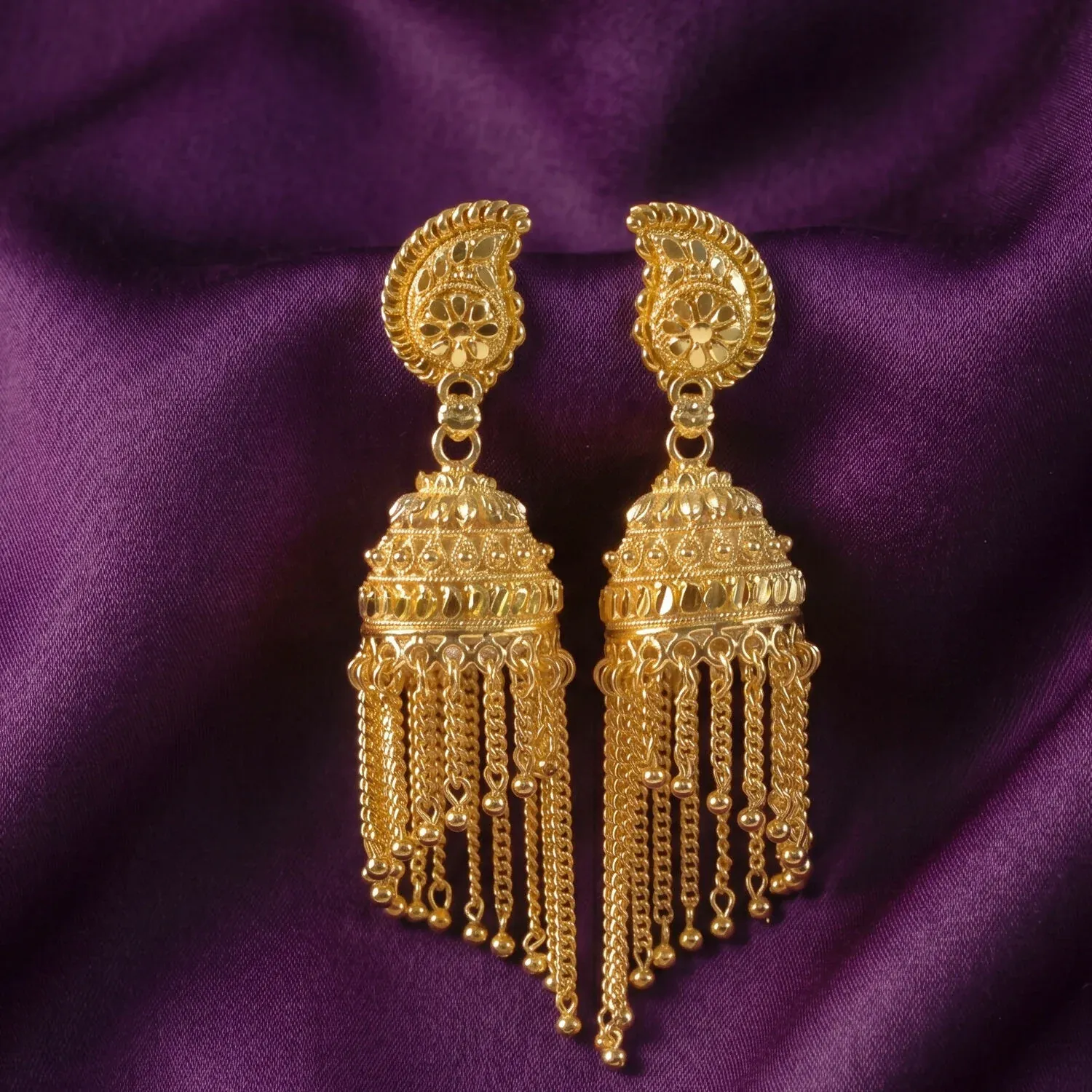 Gold-Plated Jhumka Earrings with Pearl Drops and Chain Detail - Detailed Feature View 1