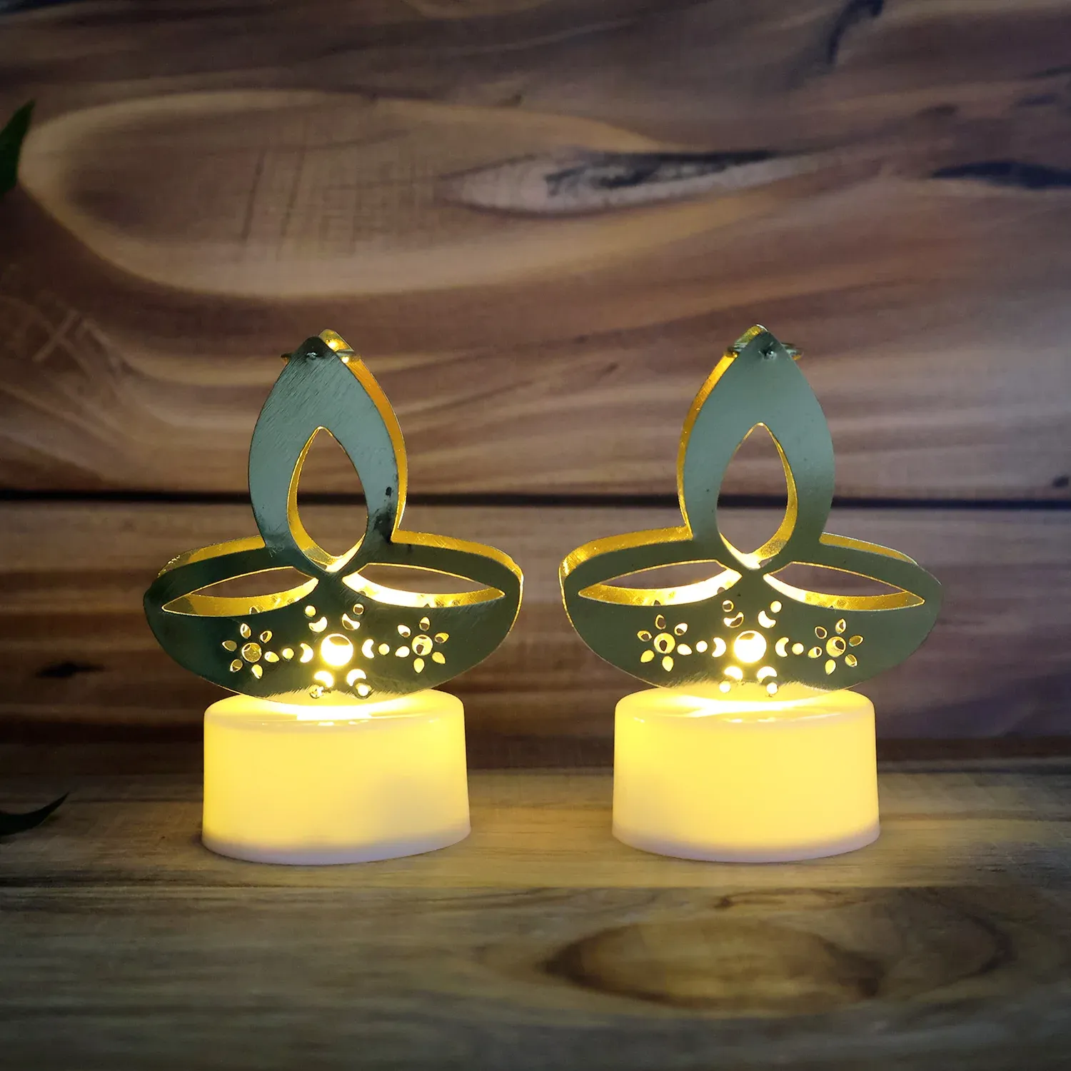 Golden Diya Shaped LED Tealight Candles - Set of 12 - Detailed Feature View 3