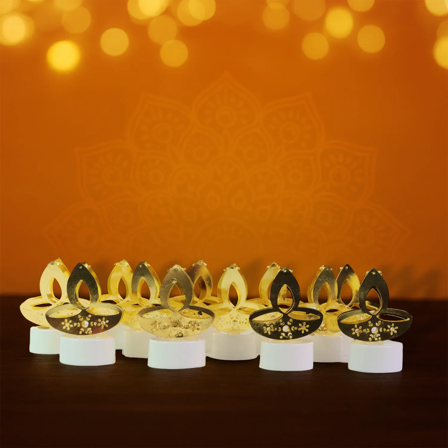 Golden Diya Shaped LED Tealight Candles - Set of 12 - Detailed Feature View 2