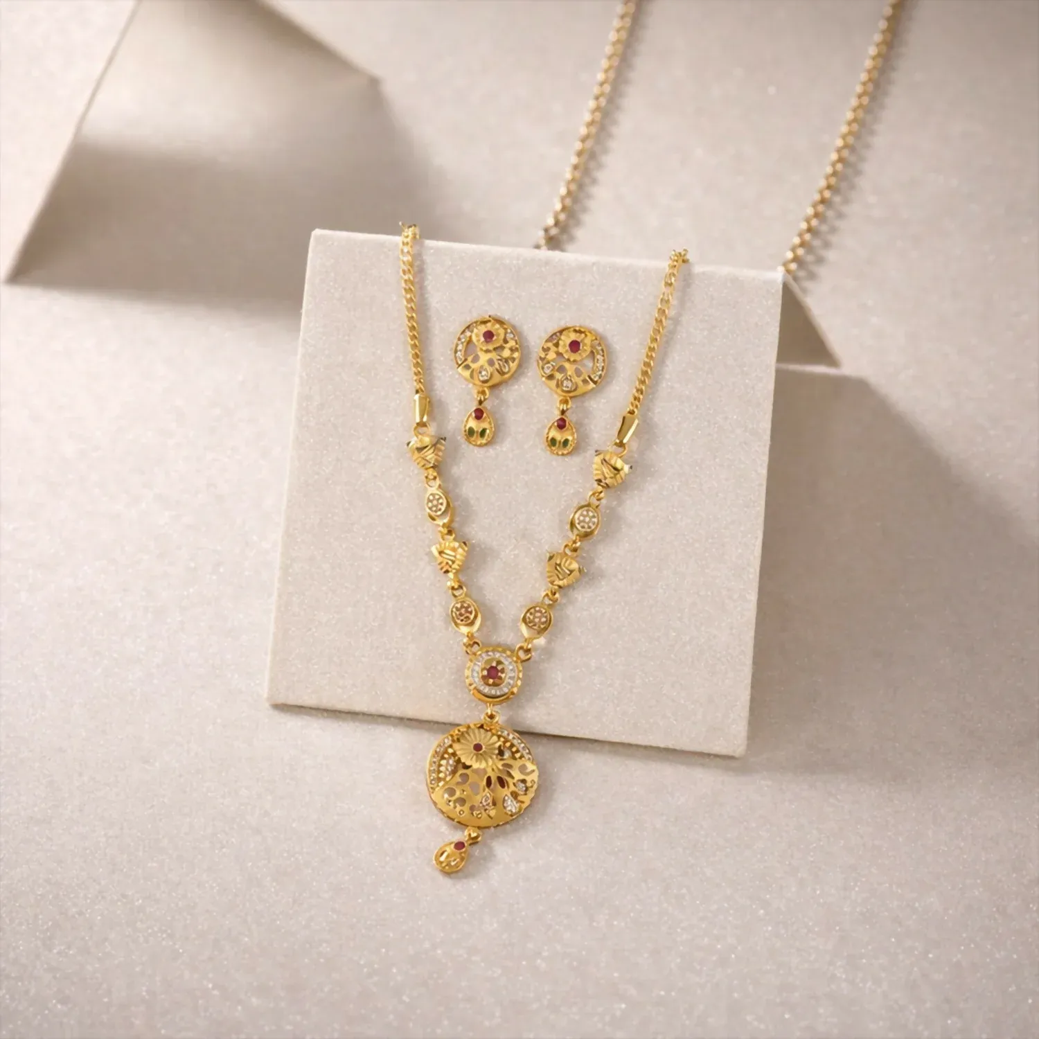 Classic Gold-Tone Floral Engraved Pendant Necklace Set with Designer Stud Earrings - Detailed Feature View 3