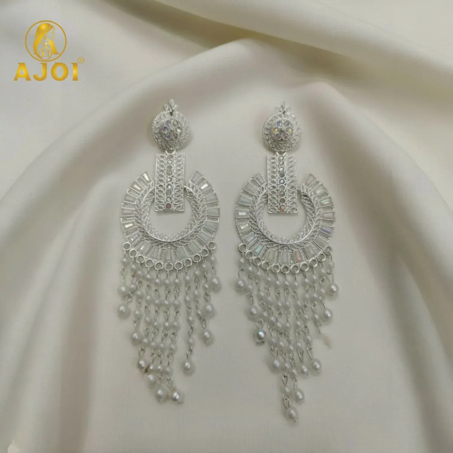 Silver-Tone Pearl Tassel Statement Earrings for Festive Wear - Detailed Feature View 5