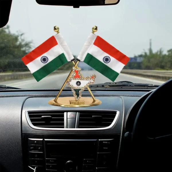 Premium Metal Car Dashboard Dual Indian Flag Stand with Decorative India Map Base