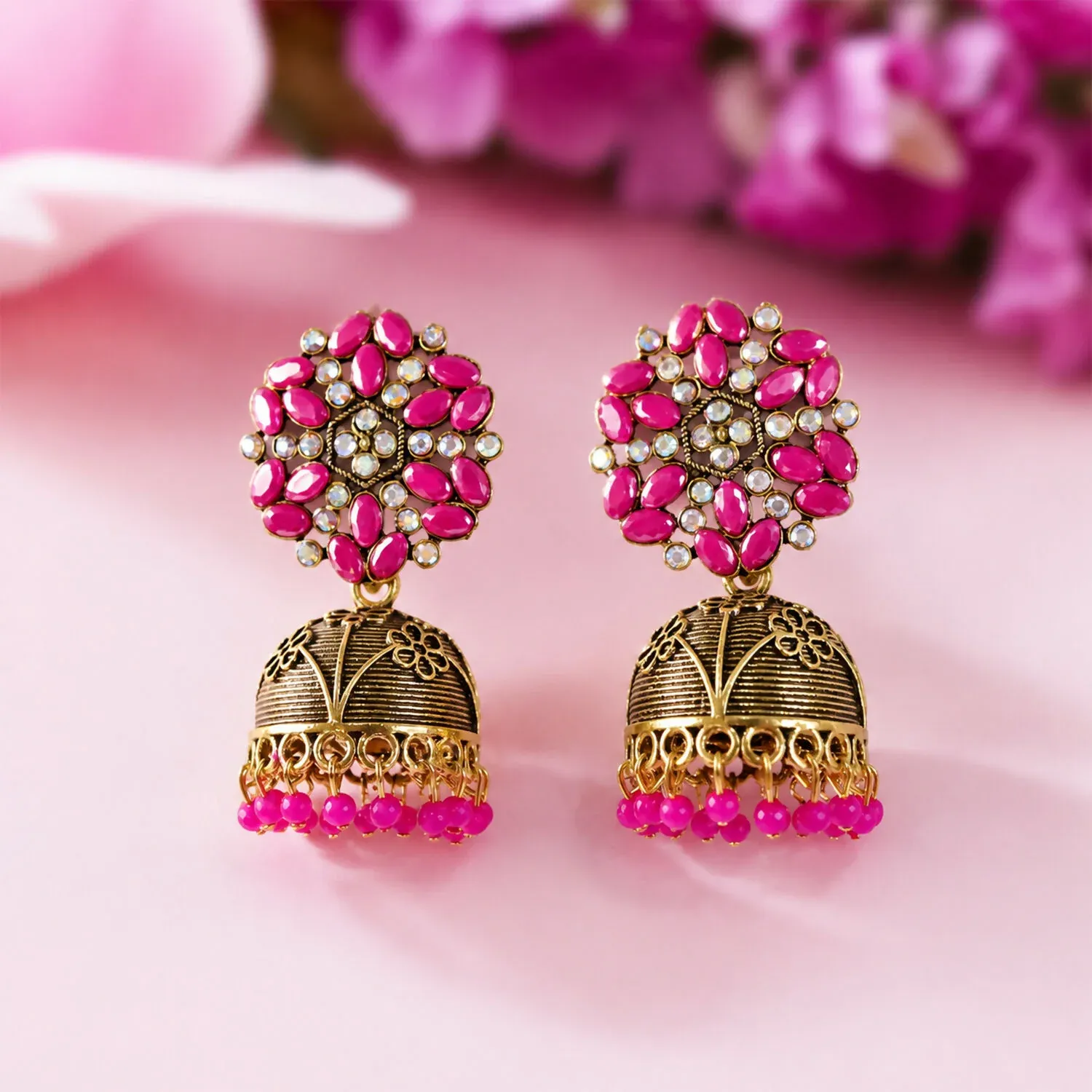 Antique Gold Jhumka Earrings with Pink Stone Floral Top - Detailed Feature View 1