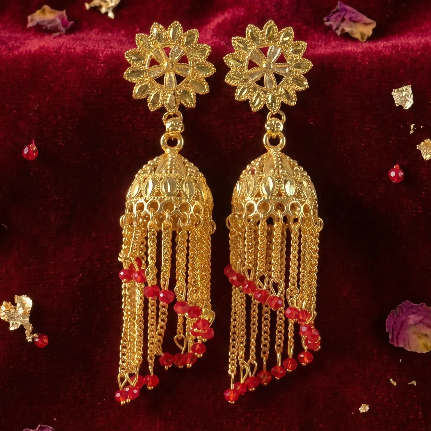 Vintage Gold-Plated Jhumka Earrings with Pearl Accents - Detailed Feature View 3