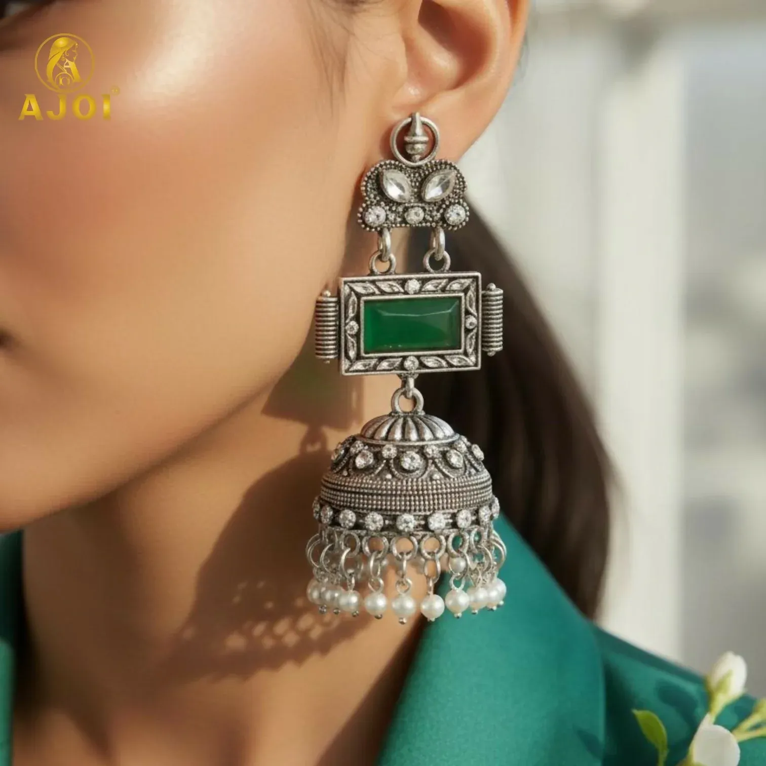 Imperial Heritage Oxidized Silver Jhumka Earrings with Deep Green Stone Earring - Detailed Feature View 1