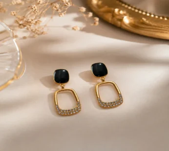Korean Black Stone Gold Plated Geometric Drop Earrings for Women