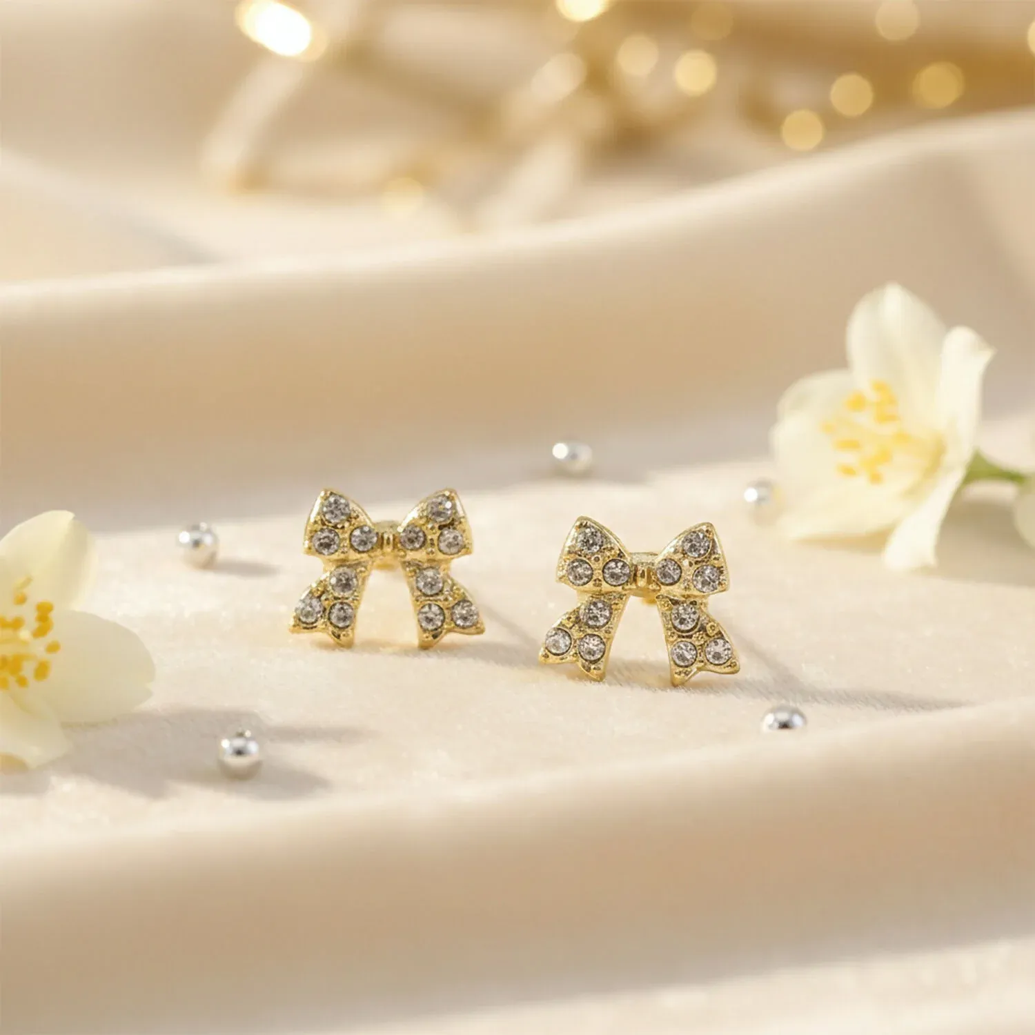 Crystal Bow Stud Earrings for Women – Gold Plated Rhinestone - Detailed Feature View 1