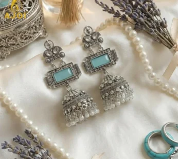Heritage Royal Oxidized Silver Jhumka Earrings with Aqua Stone Earring