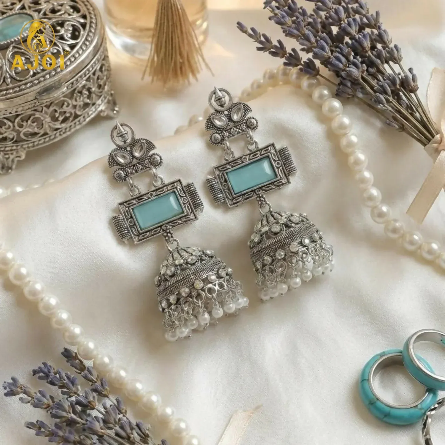 Premium Heritage Royal Oxidized Silver Jhumka Earrings with Aqua Stone Earring - Buy Online at Alikart