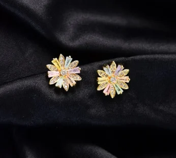 Multicolor Crystal Floral Stud Earrings with Gold Finish for Women