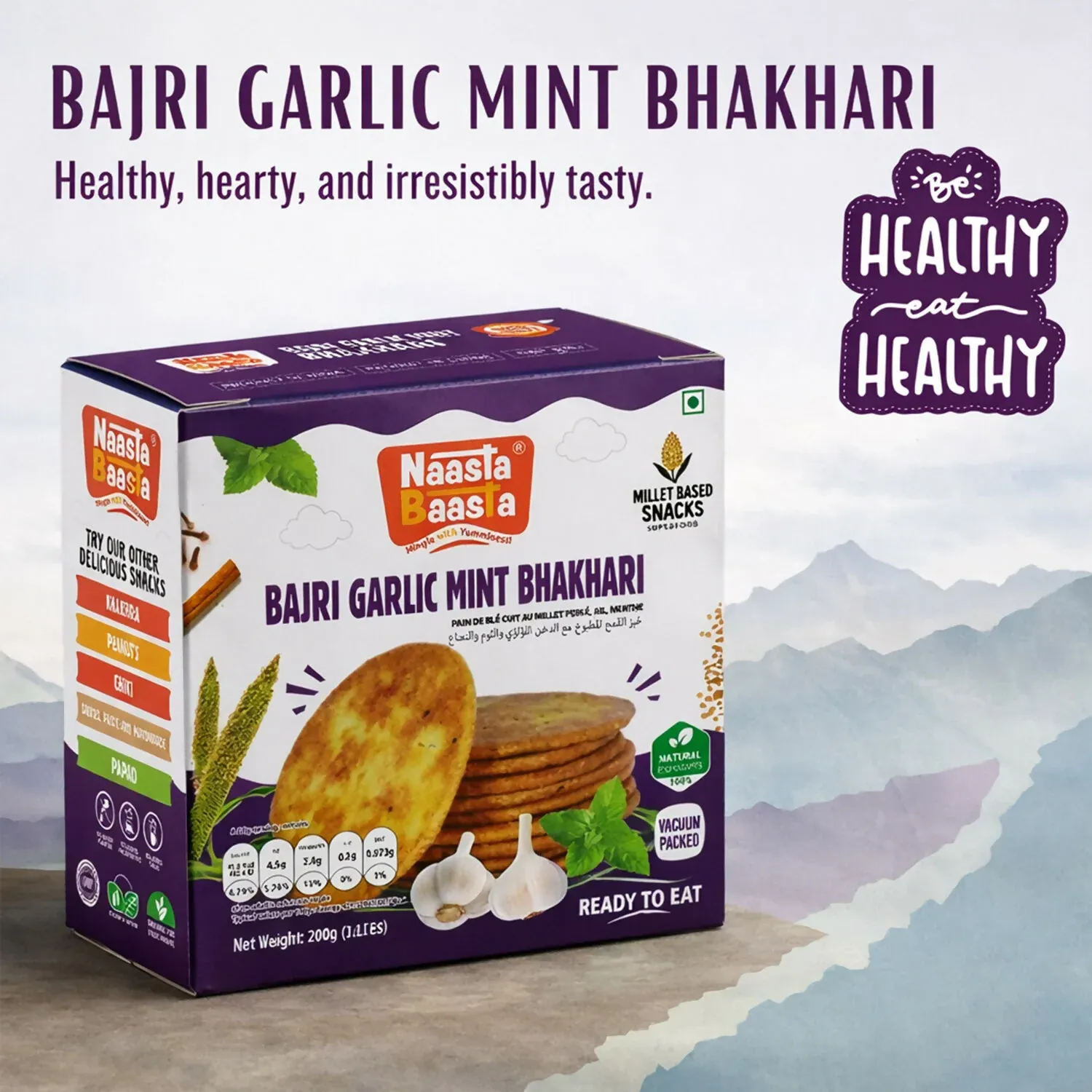 Premium Naasta Baasta Bajri Garlic Mint Bhakhari – Millet Based Crunchy & Ready to Eat Snack (200 Gm) - Buy Online at Alikart