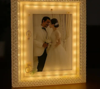 Premium LED Crystal Wedding Photo Frame with 3D Ring Decor
