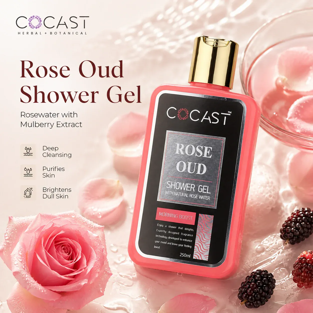 Premium COCAST Rose Oud Shower Gel with Natural Rose Water (250ml) - Buy Online at Alikart