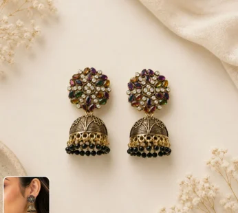 Antique Golden Jhumka Earrings with Black Stone Floral Top