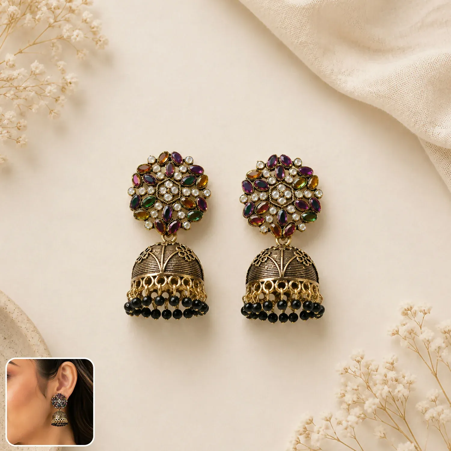 Premium Antique Golden Jhumka Earrings with Black Stone Floral Top - Buy Online at Alikart