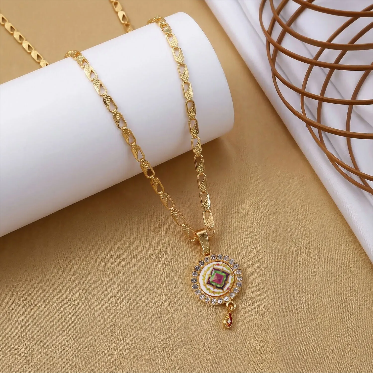 Premium Gold Pendant Necklace with Colorful Mandala & Stone Border - Buy Online at Alikart