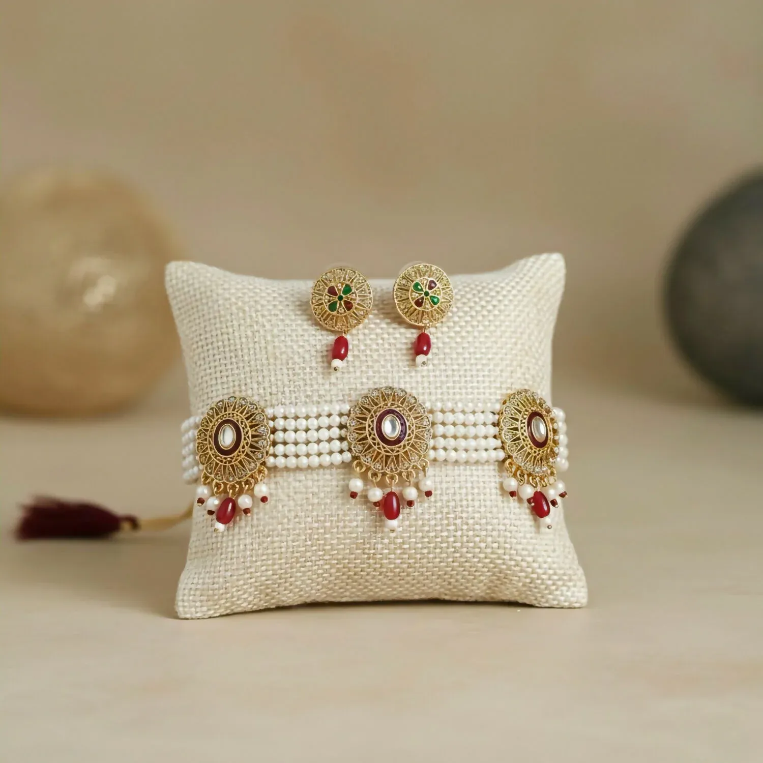 Traditional Gold-Plated Kundan Pearl Choker Necklace Set with Emerald red Drops and Matching Earrings - Detailed Feature View 1