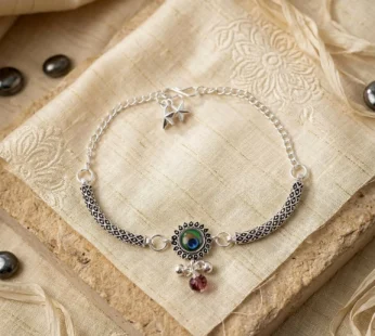 Peacock Stone Silver Charm Bracelet with Adjustable Chain for Women