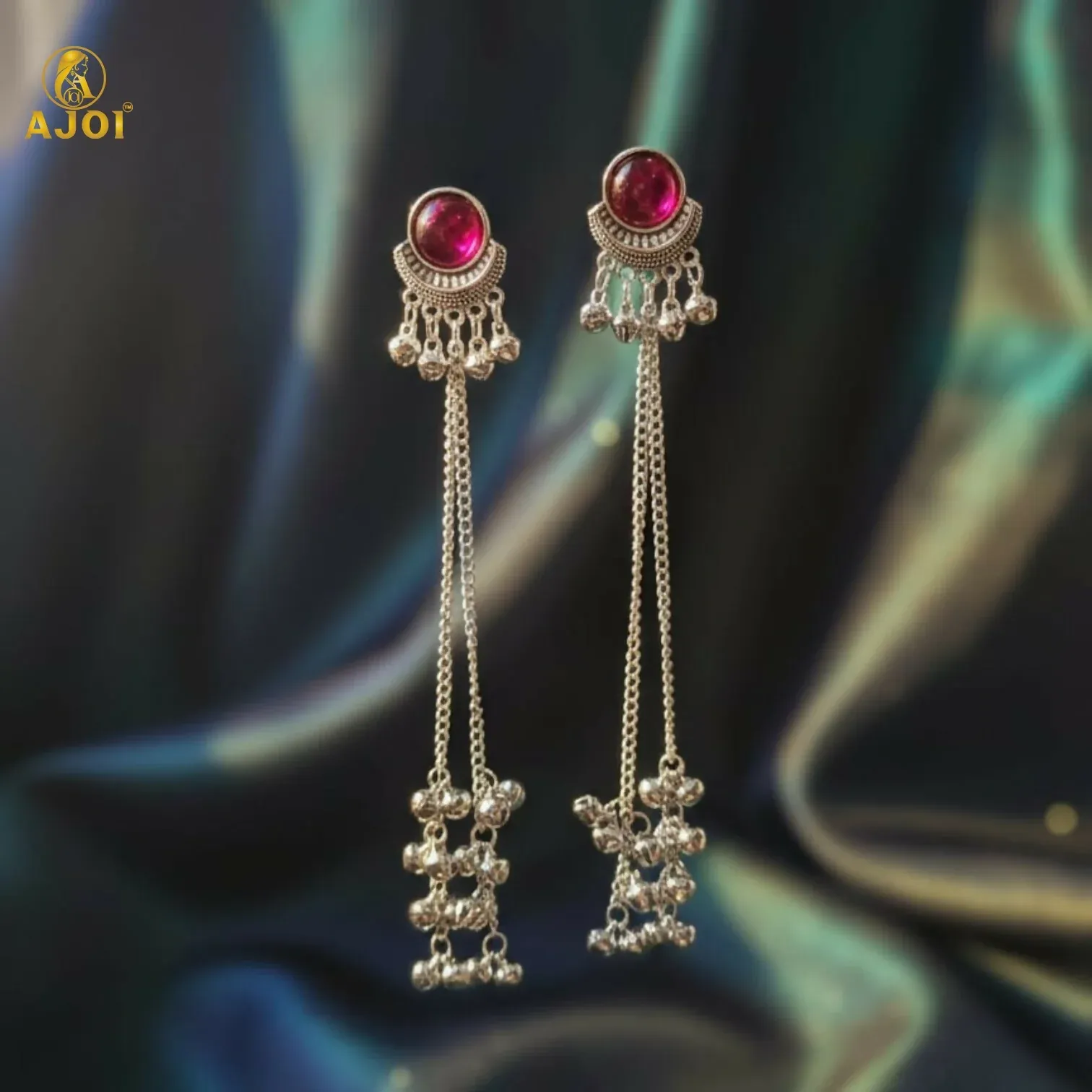 Ethnic Round Design Silver Plated Long Earrings with Ghungroo Drops - Detailed Feature View 4